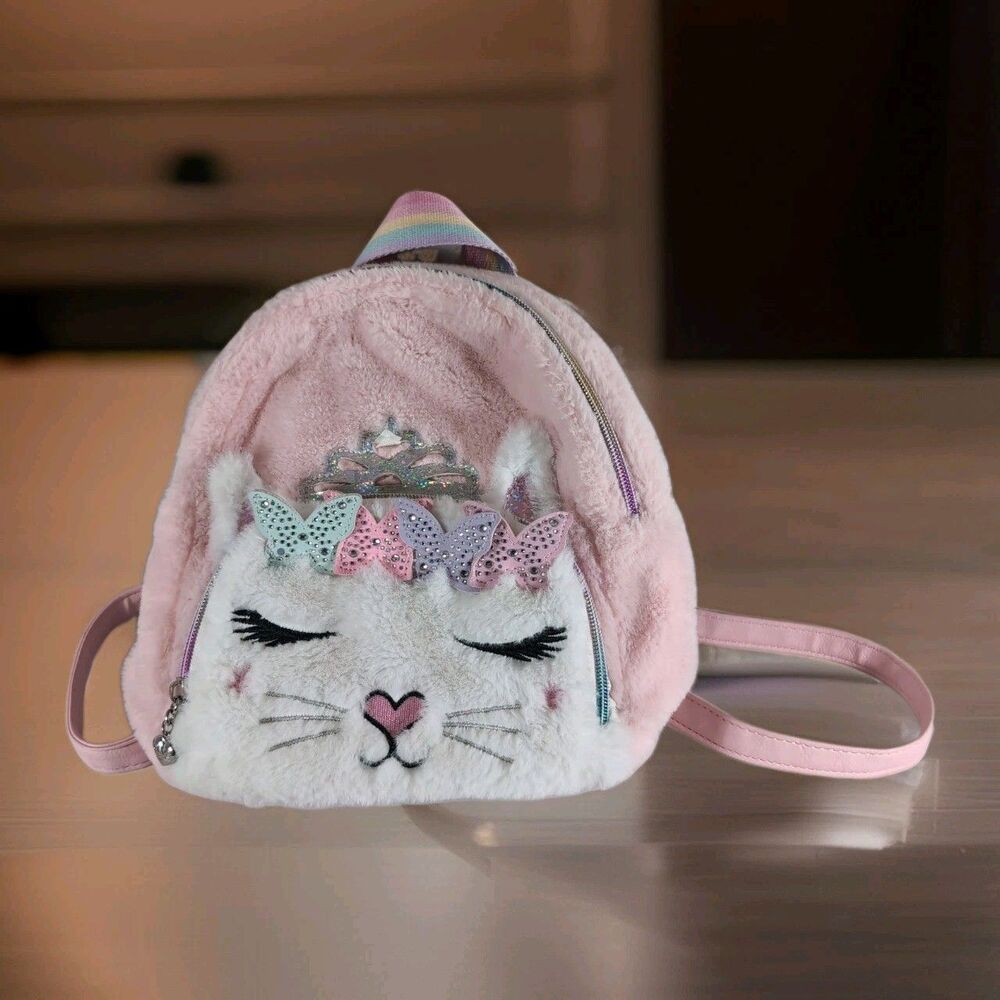 Miss Green's OMG Plush Kitty Butterflies 1 x10 inch Mini Pink Faux Fur Backpack